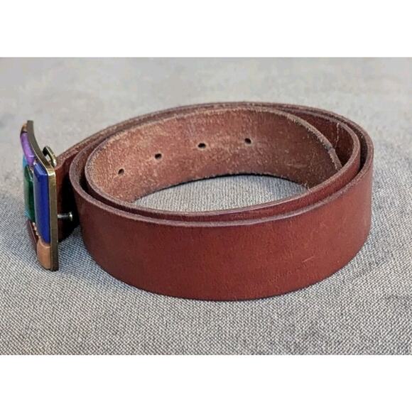 Fossil Brown Leather Belt Stone Buckle Faux Turquoise Rhinestone Boho Western M main image 5